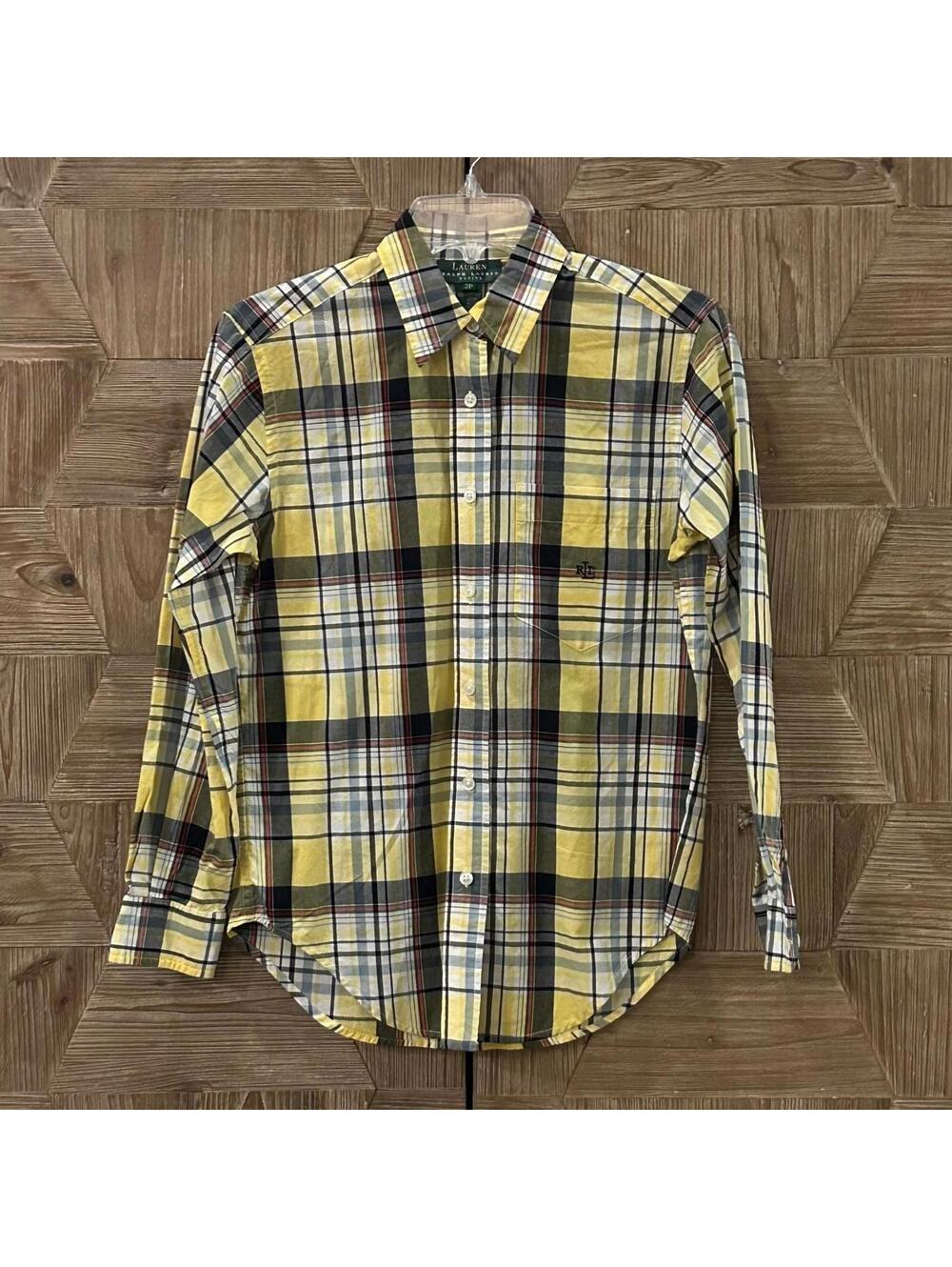 Lauren Ralph Classic Yellow Plaid Button Up Long Sleeve Shirt Size 2P Preppy LRL